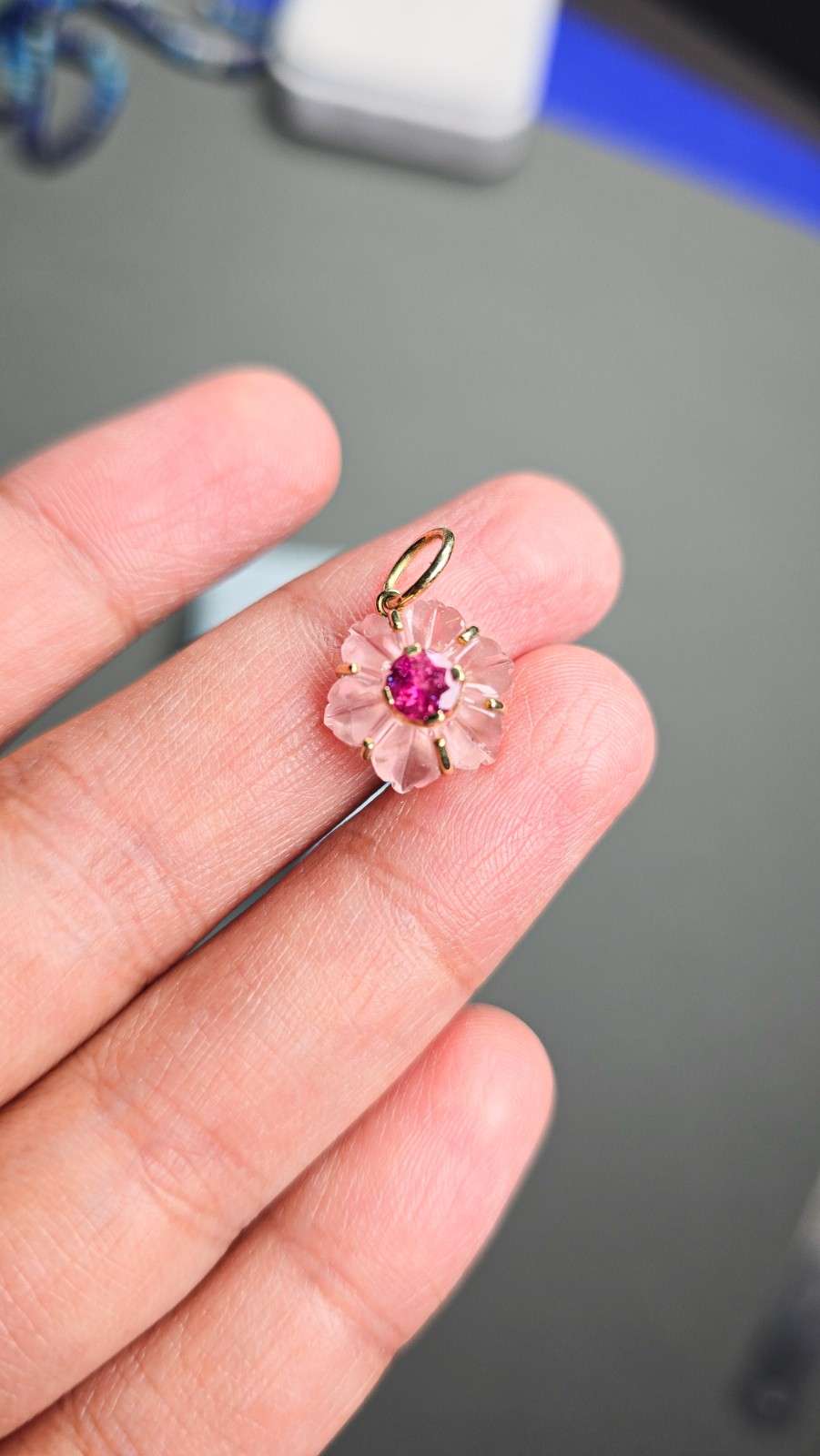 14k Solid Gold Carved Rose Quartz Flower with Pink Tourmaline