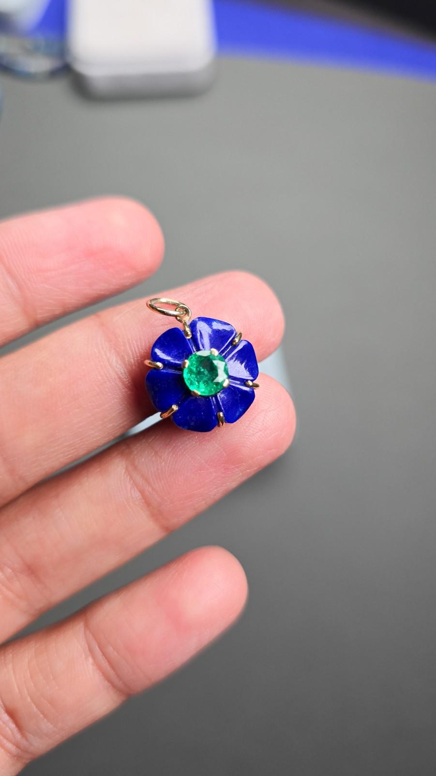 14k Solid Gold Carved Lapis Lazuli Flower with Emerald Gemstone Charm