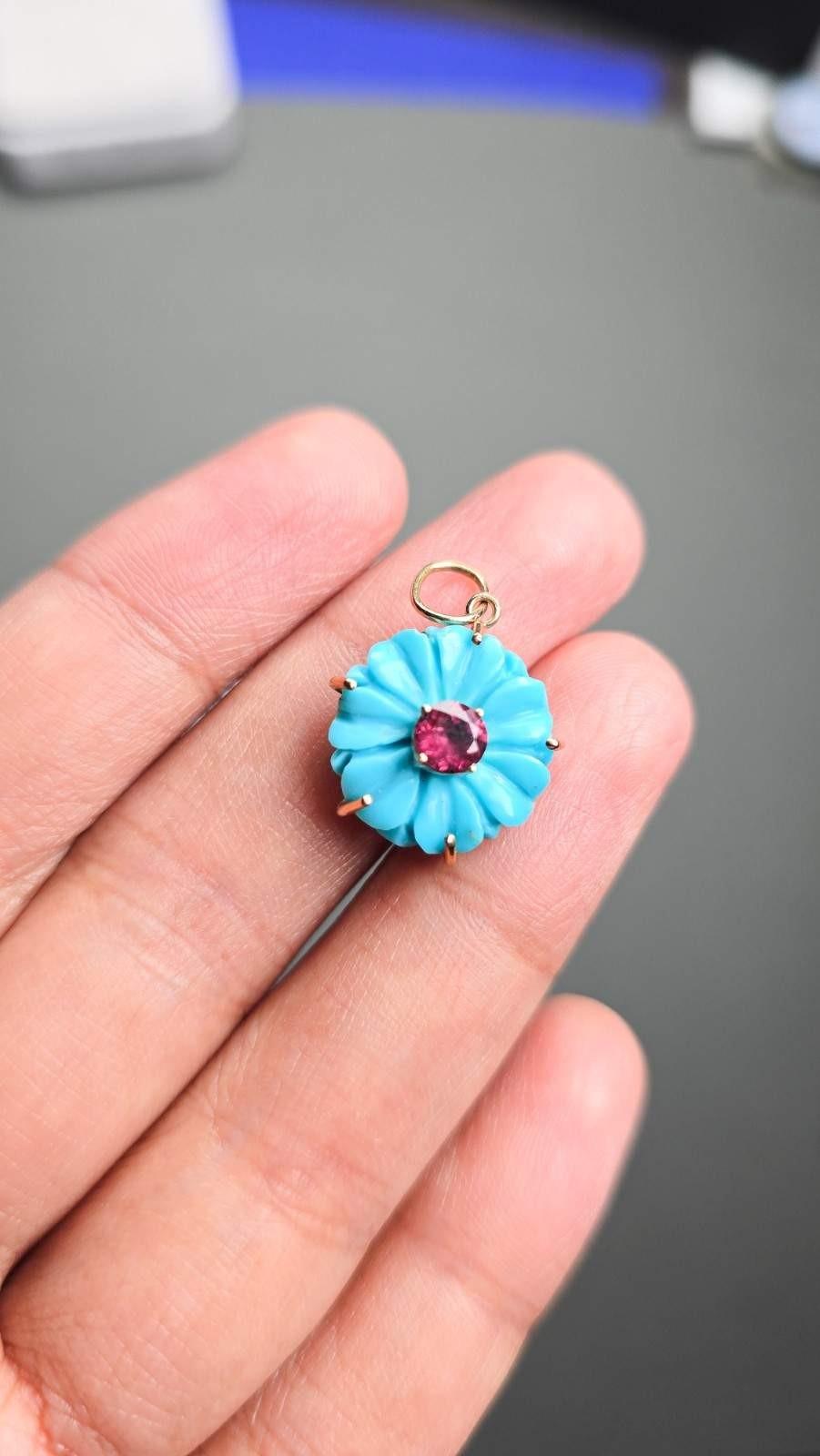 14k Solid gold Carved Turquoise flower with Tourmaline