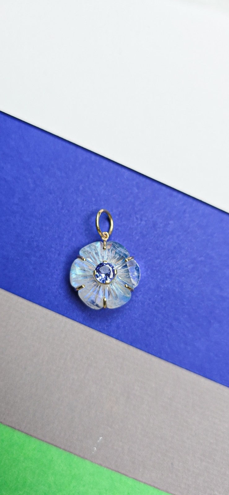 Carved Rainbow Moonstone Charm in 14k Solid Gold