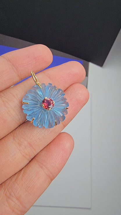 14k Solid Gold Carved Aquamarine Flower with Tourmaline